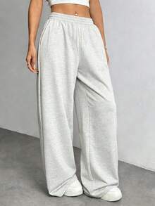 Women's Straight Leg Casual Sweatpants, Fashionable Minimalist Elastic Waist With Side Pockets, Suitable For Outdoor & Daily Wear Sports - Light Grey - View 5