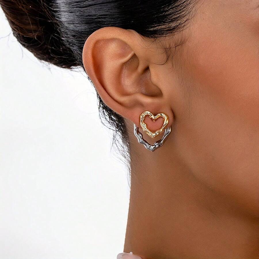 Fashionable, Personalized, And Exquisite Women'S Two-Tone Double-Layer Metal Heart Earrings, Suitable For Parties, Daily Wear, And Holidays - Polykrom - Visa 1