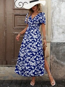 Floral Polyester Midi Dress With Slit, V-Neck, And Elasticated Waist - Spring/Summer Fashion - 藍色 - 查看 3