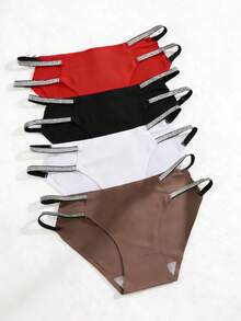 4 piezas de bragas de mujer sin costuras de tiro bajo con cinta plateada sexy - Multicolor - Ver 5