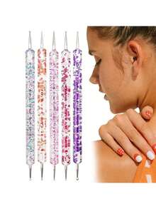1 Set Nail Art Dotting Pen Kit, Nail Tools Polka Dot Pen, Nail Dotting Pen, Silicone Nail Art Pen Set Pink Handle Dotting Pen, Nail Art Dual-Head Silicone Pen Engraving Pen Gel Brush Nail Art Brush, Nail Art Tools Metal Rod Flower Line Drawing Pen Gold Nail Art Pen Set Striping Brush - Multicolor - View 2