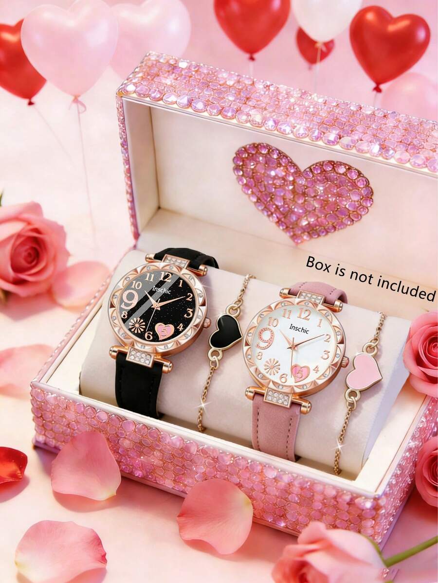 4/2pcs Girls Elegant Precise Round Firework Dial Quartz Watch, Paired With Heart-Shaped Bracelet Set, Suitable For Girls, Birthday/Holiday Gift, Perfect For Back To School, Parties, Vacations, Travels, Gifts For Friends, Family, Valentine's Day, New Year, Girls Graceful Accessories - Multicolor - View 1