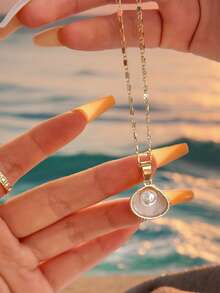 1pc Fashionable Minimalist Elegant Shell & Faux Pearl Pendant Necklace, Suitable For Women To Wear In Summer Beach, Dates, Parties, Daily, A Great Gift - Yellow Gold - View 6