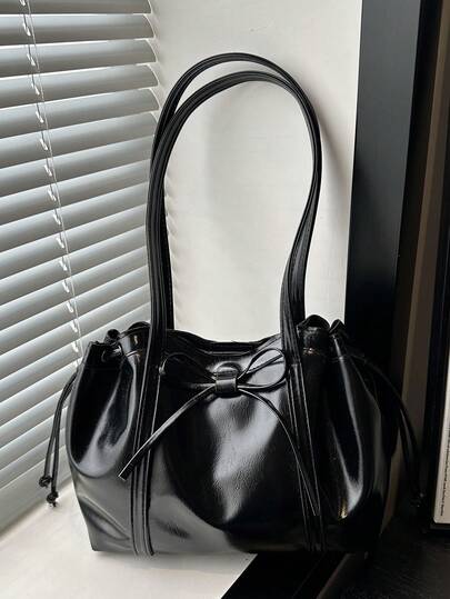 1pc Black Vintage Minimalist Solid Color PU Tote Bag, Large Capacity Women Shoulder Bag, Autumn/Winter