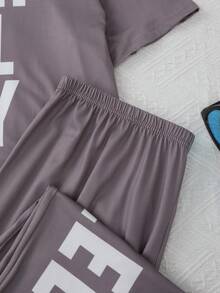 Men's Sleepwear Set, Casual Solid Color Letter Print Short Sleeve Top And Long Pants, Comfortable Summer Pajamas - Multicolor - View 2