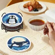 Set di 8 sottobicchieri con motivi di animali artici e antartici, dipinti con diamanti, con supporto, materiali per pittura per principianti, base in legno rotonda con supporto, sottobicchieri isolanti per decorazione della casa, accessori per la scrivania dell'ufficio, regalo di San Valentino - Multicolore - Visualizzare 2