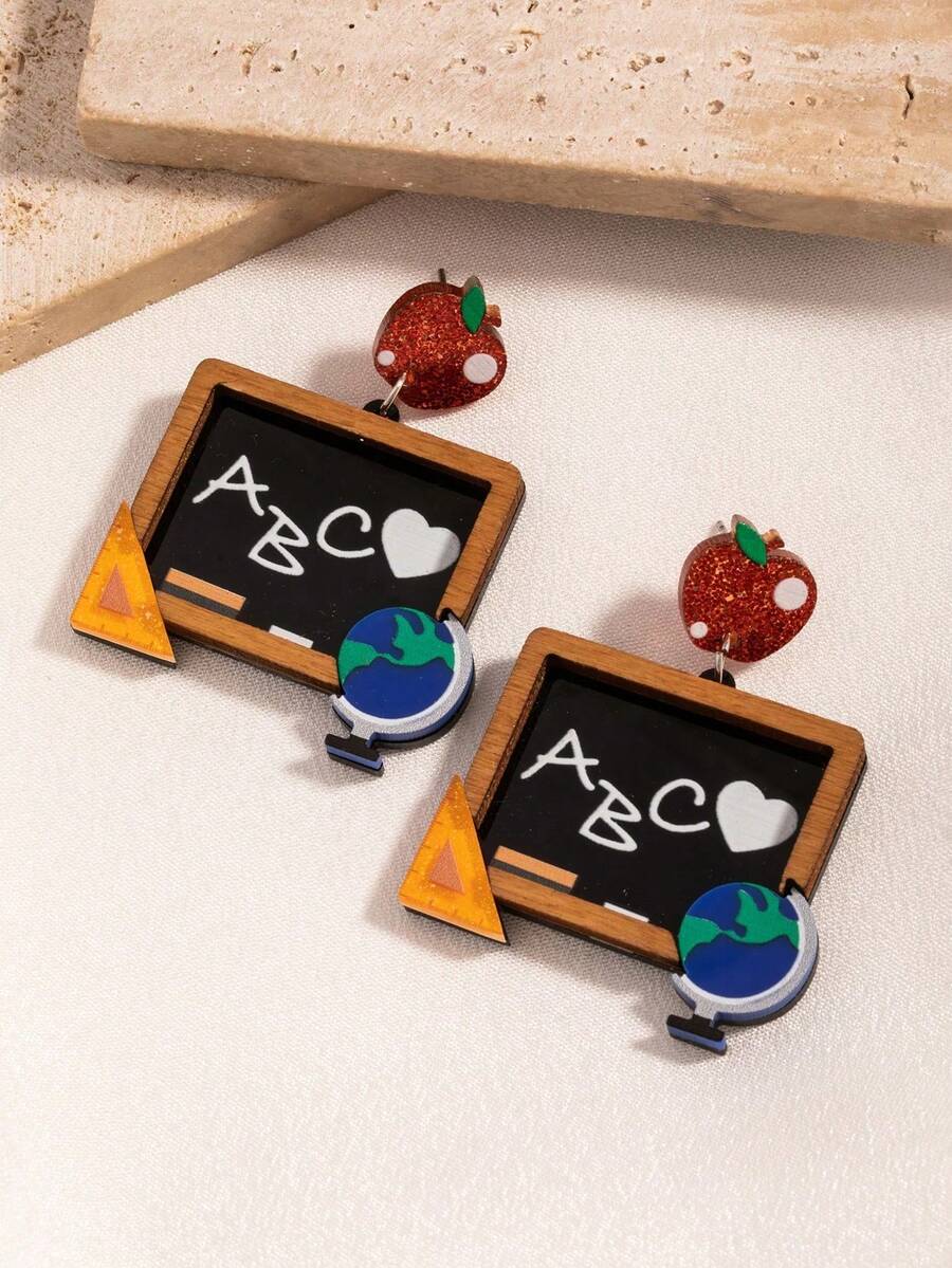 1 Pair Cute Teacher's Day Earrings For Women, Apple, Chalkboard, Ruler, Globe Pendant Earrings, Back To School, Graduation Gift For Teachers (Card Not Included) - Multicolor - View 1