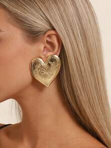 1对复古简约时尚独特图案夸张合金心形耳钉，女士百搭款 - 誇張愛心耳環 - 查看 9