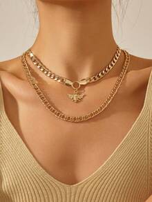 2pcs Gold-Tone Exaggerated Double-Layer Insect Pendant Necklace, Luxury Jewelry - Yellow Gold - View 1