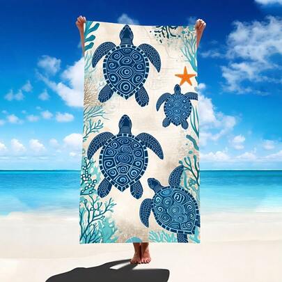 1pc Summer Sea Turtle Adventure Beach Towel - Super Absorbent, Ultra-Fine Fiber, Lightweight, Soft, Quick-Drying, UV Protection, Comfortable, Suitable For Camping, Outdoor Activities, Birthday Parties, Summer Beach Trips Bathroom Decor
