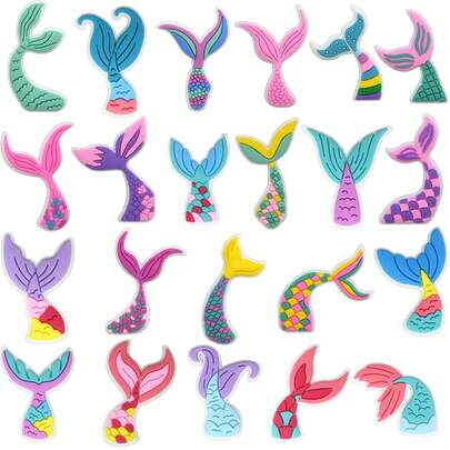 22 piezas de decoraciones de plástico con forma de cola de sirena para zapatos, con diseño de patrón de cola de pez de colores, accesorios de zapatos con forma de sirena brillante, adecuados para decoración de zapatos y manualidades de regalos