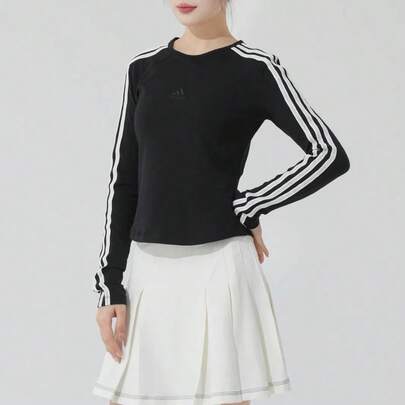  Adidas Sporty Lifestyle Casual Striped Slim Fit Long Sleeve Raglan Sleeve T-Shirt For Women, JY6949, Black And White