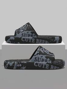 Dép đi trong nhà unisex, dép mềm mại in hình gấu hoạt hình XV, thích hợp cho mùa hè, màu đen/trắng, cỡ lớn 46-49. - màu đen - Xem 4