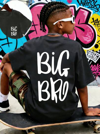 Tween Boy "BIG BRO" Slogan Print T-Shirt, Soft And Comfortable Fabric, Fashionable Boys' Short Sleeve Tee For Summer, Suitable For Daily Wear, School, And Streetwear