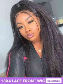 4C卷曲边缘蓬松卷曲蕾丝前假发，Yaki直发真人发，180%/250%密度，蓬松直发假发，预拔毛发际线，13x4透明蕾丝前假发，卷曲边缘，婴儿发（8-22/24/26/28/30英寸，自然黑） - Natural Black - 查看 4