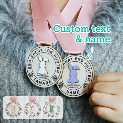 Custom Easter Bunny Medal With Ribbon, Personalized Name Egg Hunt Award For Spring Celebrations, Customized Keepsake Pendant Gift For Family And Friends, Customizable Text Creates A Festive Holiday Souvenir For Parties, Baskets, And Seasonal Gifting