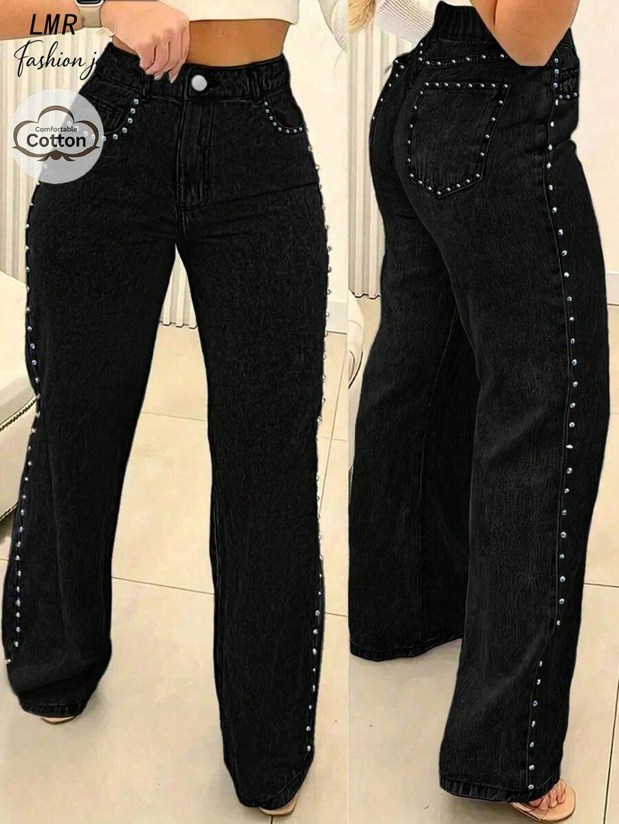 Women's Black Washed Loose Straight Leg Jeans, Retro Casual Street Style With Rivet Decor Spring - Black - View 1