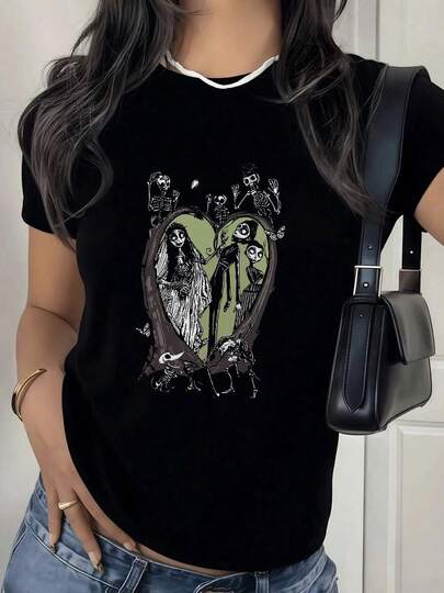 Camiseta de Mujer Estampada con Diseño de Novia Cadáver y Esqueletos,Moda Casual y Original,Ideal para un Look Diferente y Llamativo.