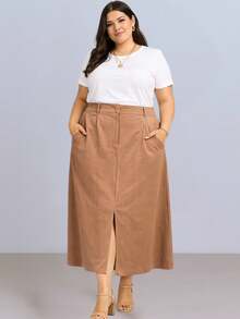 Saia Midi Feminina Plus Size com Fenda na Frente Cintura Alta Alfaiataria Sensorial Marrante - Caramelo - Visão 2