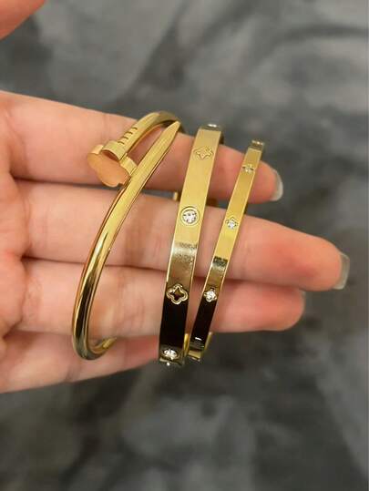 3/1 pieza Pulsera de acero inoxidable chapada en oro de 18K con circonita y diseño de flor, trébol de cuatro hojas y engranaje. Conjunto de joyas para mujer con cadena. Elegante y versátil, adecuado para uso diario, fiestas, festivales, cumpleaños, bodas, San Valentín y como regalo del Día de la Madre