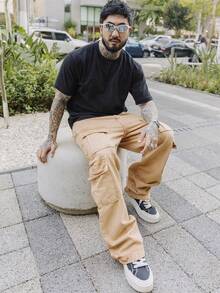 Men's Cargo Jeans With Multiple Pockets And No Elastane. - Orange - View 5