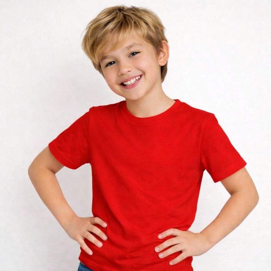 Basic Children's T-Shirt, 100% Cotton, Boys' Sizes 0 To 16. Lightweight And Cool For Everyday Wear, School, Outings, And Parties. - Merah - View 1