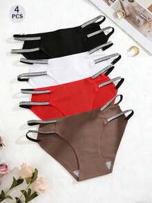 4 piezas de bragas de mujer sin costuras de tiro bajo con cinta plateada sexy - Multicolor - Ver 3