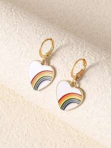 1 par de pendientes colgantes con efecto arcoíris de corazón de aleación, pendientes para parejas/mujeres, regalo para vacaciones y uso diario - Pendientes de aleación con forma de corazón y gota de aceite - Ver 1