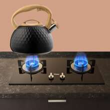 1pc, Tea Kettle, Loud Whistling Kettle For Boiling Water Coffee Or Milk, 3L Heavy Stainless Steel Black Kettle With Wood Pattern Handle, Unique Button Control Kettle Outlet - Negro - Ver 3