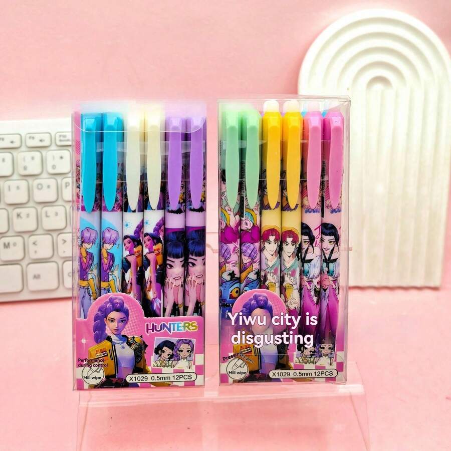 12pcs KPOP Magic Hunter Group Plastic Stickers, 0.5mm Water-Based Erasable Pens Set, Press To Use As Signature Ballpoint Pens - Random Style - View 1