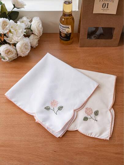 1pc/4pcs Solid Color Embroidered Floral Napkins, Suitable For Dining Table Decor, Photography, Celebrations