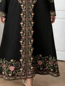 Plus Size V-Neck Printed Vintage Loose Plus Size Long Sleeve Maxi Dress, Suitable For All Seasons Black Spring Elegant - Black - View 4