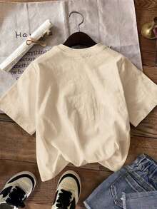 Teenage Girls' Cartoon Capybara Print Round Neck T-Shirt, Casual Soft Top For Spring & Summer - Apricot - View 4