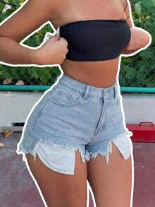 Women's Casual Light Wash Denim Mini Shorts With Raw Hem And Zipper Detail Medium Stretch Hot Pants - Blue - View 1