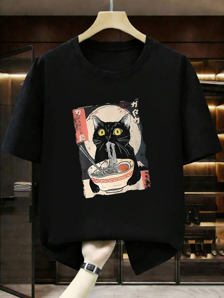 Girls' Cartoon; Ramen Print Short Sleeve-Shirt. S Cotton Black Unisex-Shirt Graphic Tees Couple Outfits Streetwear-Shirt Him/Her - 黑色 - 查看 1