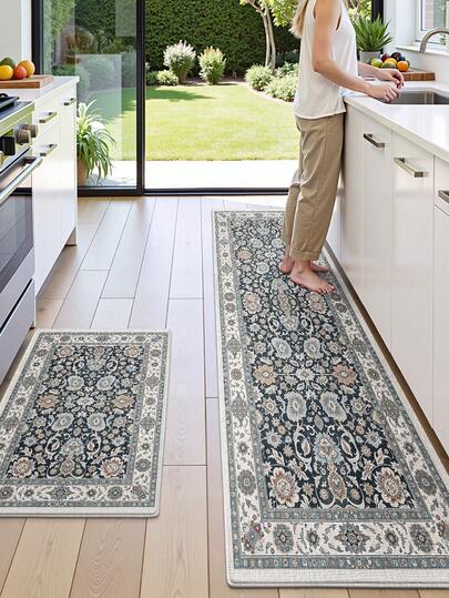 1pc Persian Style Retro Long Kitchen Floor Mat, Suitable For Bathroom, Kitchen, Outdoor, Indoor, Hallway, Bedroom, Living Room, Washable Kitchen Accessory Rug