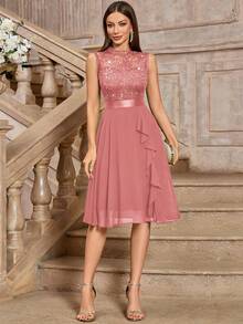 MIUSOL Sequin Floral Lace Sleeveless Ruffle Hem Party Swing Dress Wedding Spring - Dusty Pink - View 8