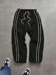 Striped Patchwork Contrast Color Sports Pants, Men's Loose Straight Leg Drawstring Waist Casual Trousers, Suitable For Daily Wear, Commuting, Gym, Running, Outdoor Activities, Spring/Summer