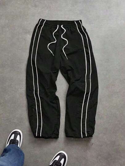 Striped Patchwork Contrast Color Sports Pants, Men's Loose Straight Leg Drawstring Waist Casual Trousers, Suitable For Daily Wear, Commuting, Gym, Running, Outdoor Activities, Spring/Summer