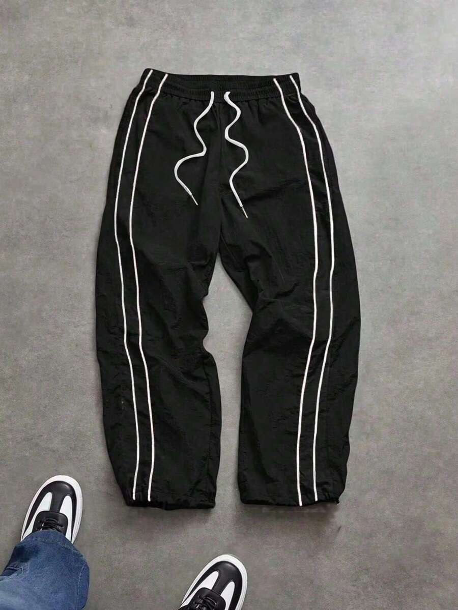 条纹拼接撞色运动裤，男士宽松直筒抽绳腰休闲裤，适合日常穿着、通勤、健身、跑步、户外活动，春夏款