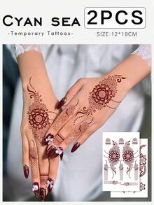 2 Sheets Of Valentine's Day/Ramadan Henna Temporary Tattoo Stickers, Red Lace Flower Gyro Henna Pattern, Fashionable Hand Nail Art Fake Tattoo, Plant Fake Tattoo - Temporary Tattoo - Popular And Suitable For Birthdays, Weddings, Party Decorations, Lasts 3-5 Days. - Red - View 1