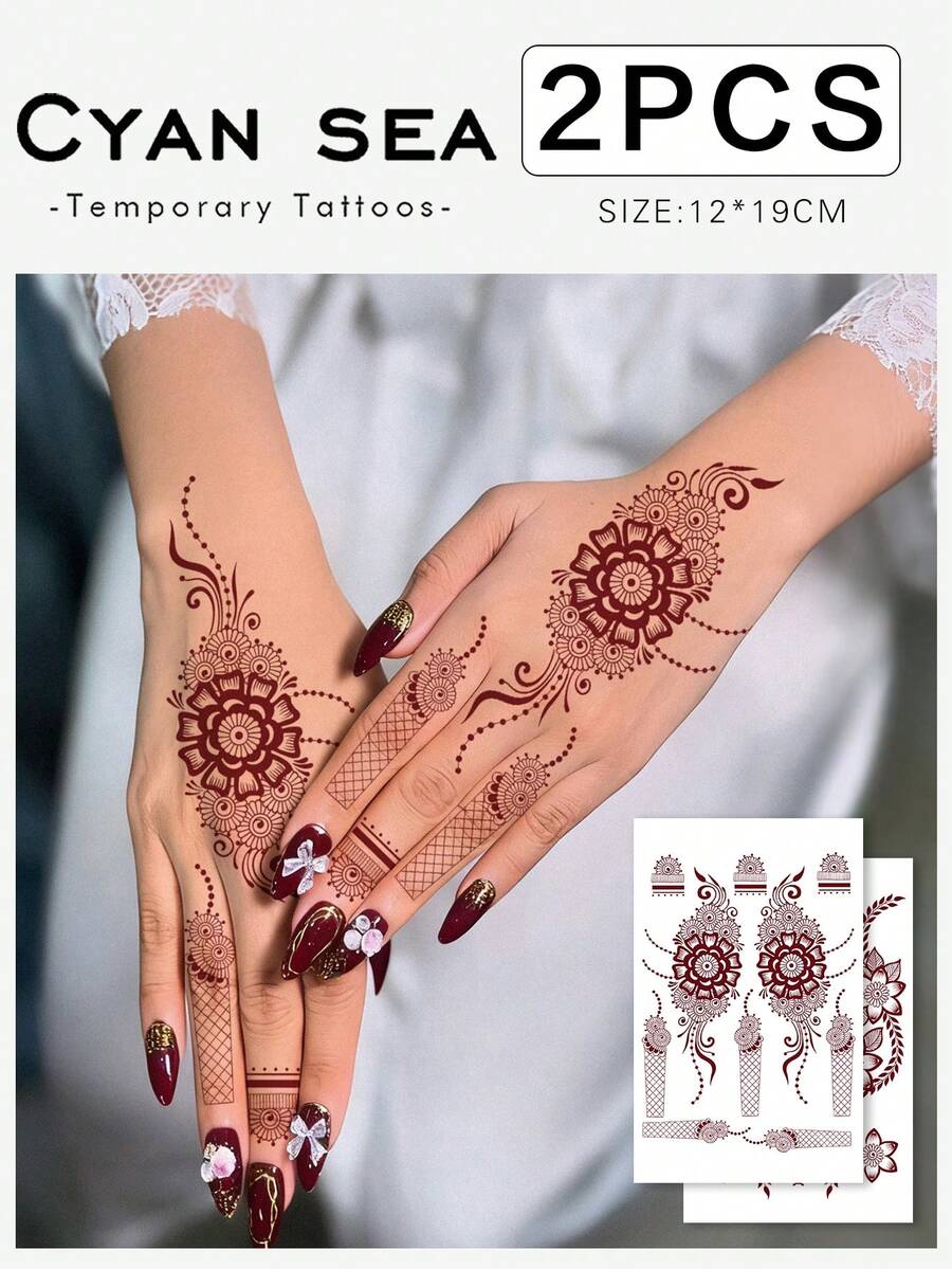 2 Sheets Of Valentine's Day/Ramadan Henna Temporary Tattoo Stickers, Red Lace Flower Gyro Henna Pattern, Fashionable Hand Nail Art Fake Tattoo, Plant Fake Tattoo - Temporary Tattoo - Popular And Suitable For Birthdays, Weddings, Party Decorations, Lasts 3-5 Days. - Red - View 1