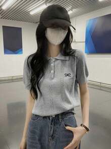 Áo dệt kim cổ polo mùa hè dành cho nữ với họa tiết nơ thêu. - Xám - Xem 4