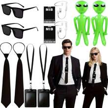 5件套特工服装配饰套装，包括可调节时尚领带、黑色时尚眼镜、身份徽章、道具耳麦、间谍安保服、保镖服装，适合男士男孩派对角色扮演 - 綠色 - 查看 13