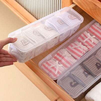 1 pieza Caja organizadora de plástico multifuncional para calcetines, ropa interior, especias, cables, armario, clóset, uso doméstico, con compartimentos apilables y tapa abatible a prueba de polvo