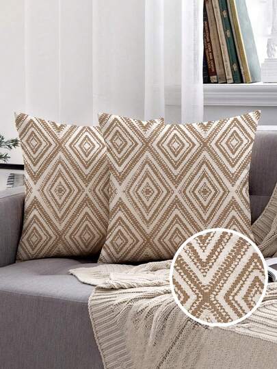 2pcs Decorative Pillow Covers, Bohemian Geometric Pattern Cushion Covers, 100% Hypoallergenic Polyester Fiber, Vintage Linen Material, Hidden Zipper Closure, Machine Washable, Minimalist Stylish Line Design, Home Decor Throw Pillow Covers For Sofa, Living Room, Bedroom, No Pillow Insert