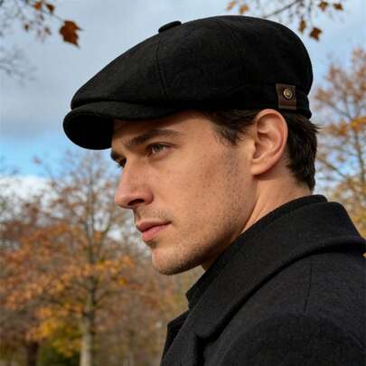 1顶纯色休闲复古八角帽，男女通用贝雷帽，适合秋冬季户外旅行度假，英伦风格