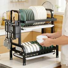 1 pieza Estante de cocina de hierro negro de 2 niveles; Organizador de almacenamiento de utensilios - Multicolor - Ver 9