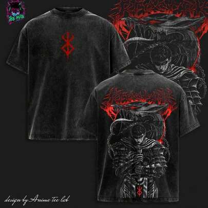 Guts 'El Espadachín Negro' - Camiseta de Anime , Camisetas Gráficas Lavadas, Camisetas Oversize, Ropa de Calle para Hombres, Camiseta Gráfica, Atuendos de Otoño, Regalo para Hombres