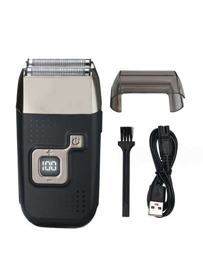 1个男士往复式电动剃须刀，不锈钢材质，LED数字显示屏，USB充电，电池续航时间长，适用于面部和鬓角修剪